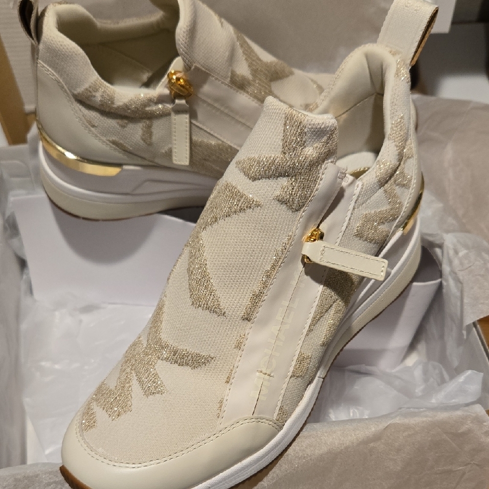 NEW Michael Kors Cream and Gold Wedge Slip-On Sneakers - Picture 7 of 8